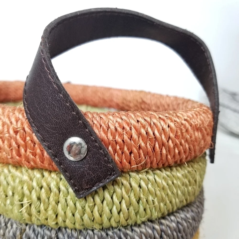 Unique Beautiful Earth Tone Multicolored Wooven Jute Basket with Leather Handles